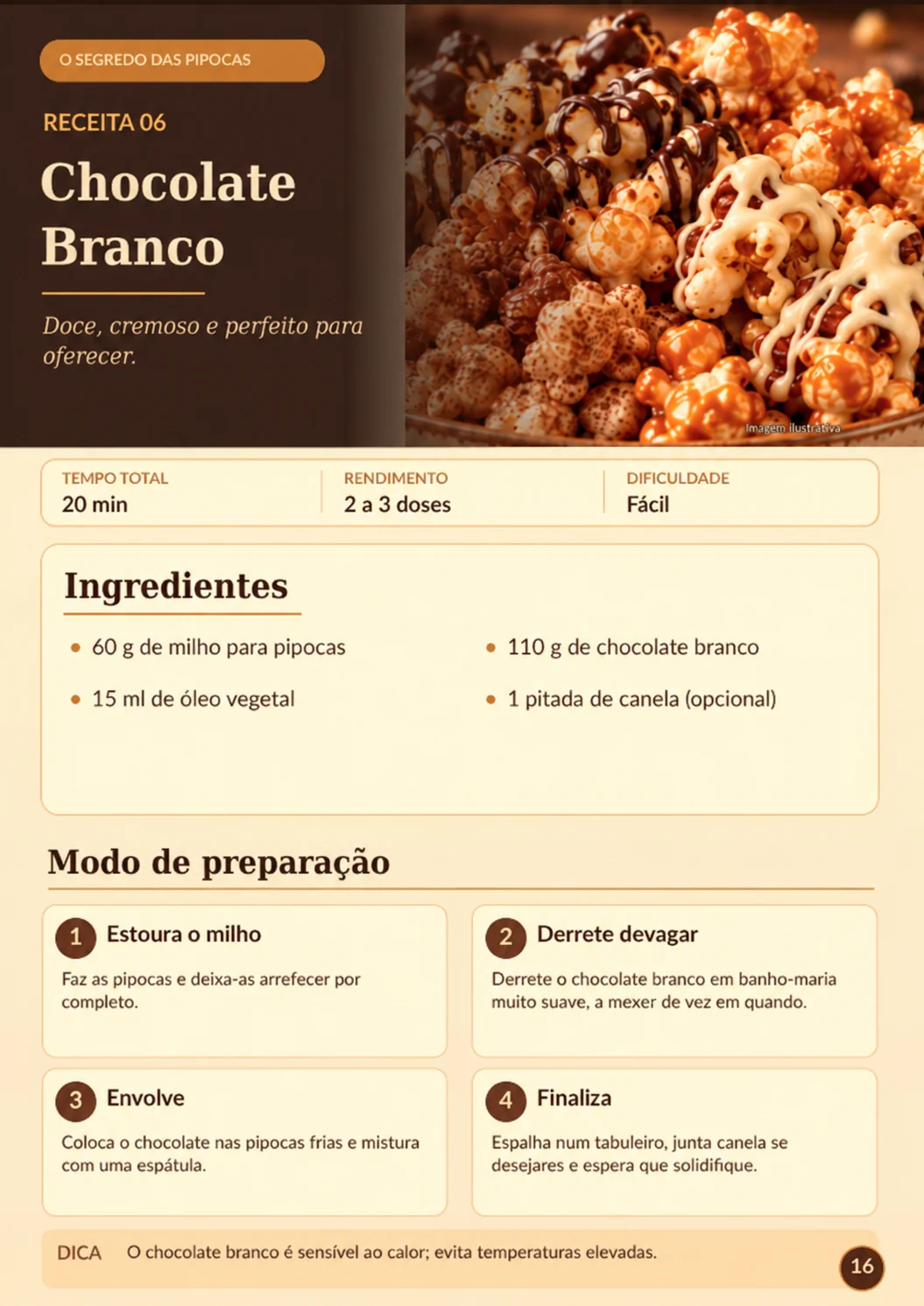 Página do livro com a receita de pipocas de chocolate branco: ingredientes e modo de preparação em quatro passos